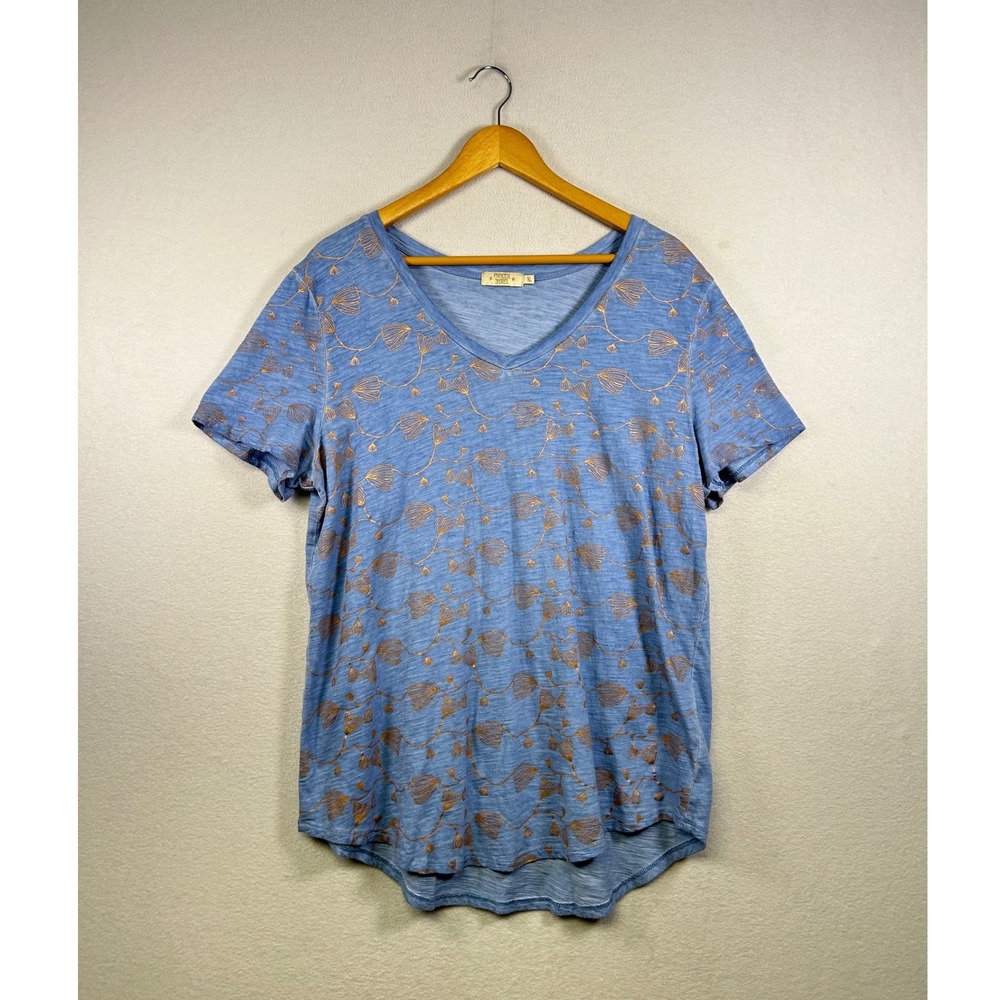 Paradise Shores T-Shirt Womens XL Blue Gold Floral Foil V-Neck Cotton‎ Knit